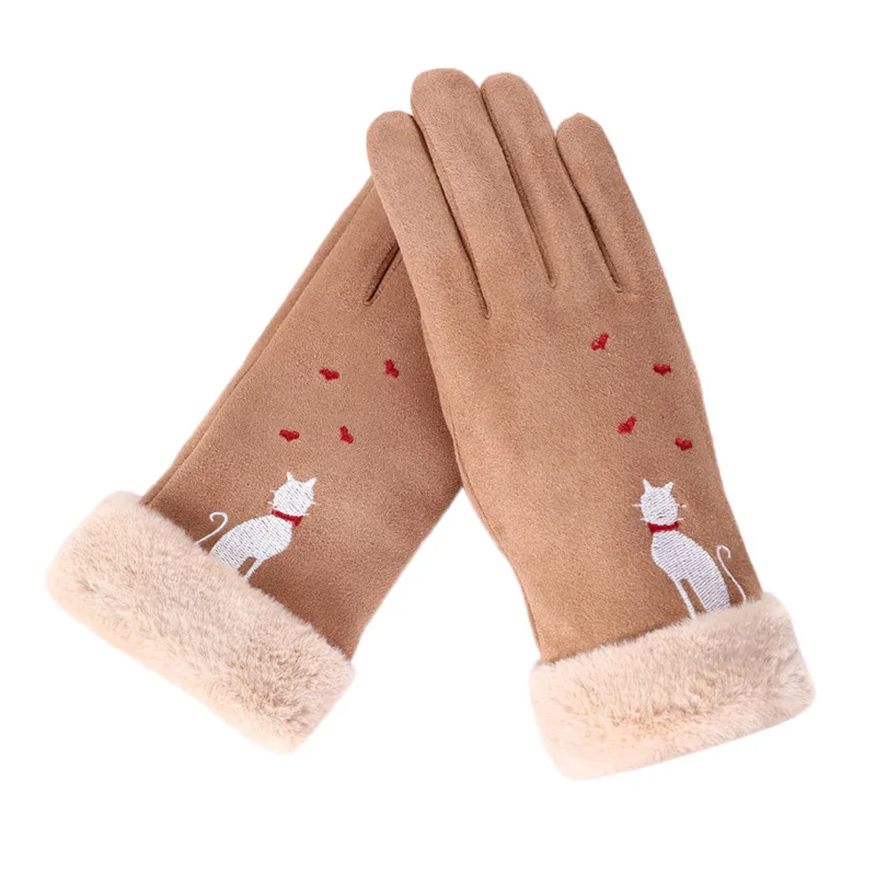 Женские замшевые перчатки с сенсорным экраном, зимние двухслойные меховые варежки, теплые модные уличные перчатки с вышивкой снежинки - Цвет: Khaki