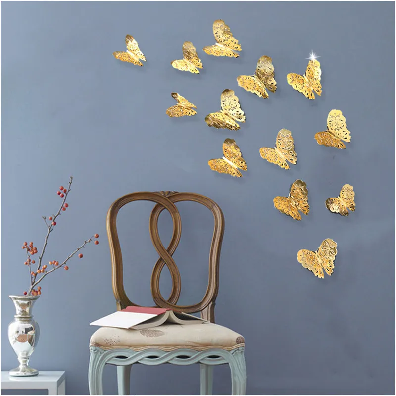 12pcs 3D Metal Hollow Butterfly Wall Sticker for Home Decor DIY Butterflies Fridge Stickers Room Decoration Party Wedding | Дом и сад