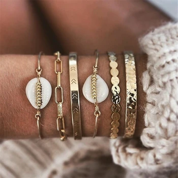 

New Vintage Gold Geometric Round Chain White Stone Shell Fashion Bracelets For Women Boho Multiple Layers Bracelet Set Jewelry