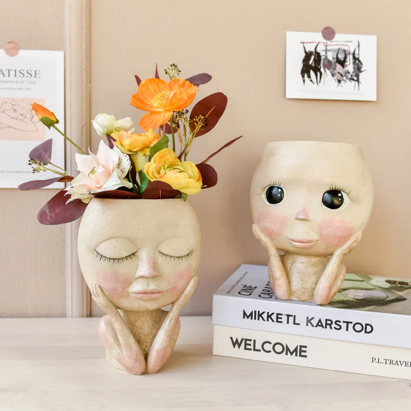

Human Face Vase Decoration Big Eyes Doll Resin Flower Pot Character Sculpture Crafts Desktop Flower Arrangement Container Pots
