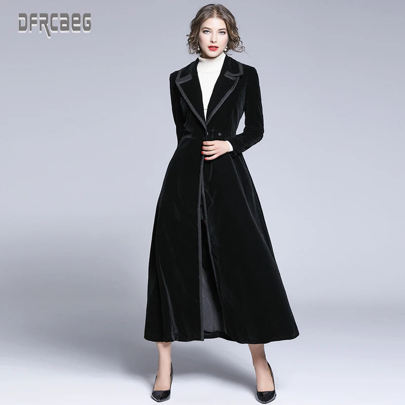 

Autumn 2019 New High Quality Euro Style Elegant Covered Button Long Women's Woolen Coat Long Sleeve Black Velvet Long Coat Femme