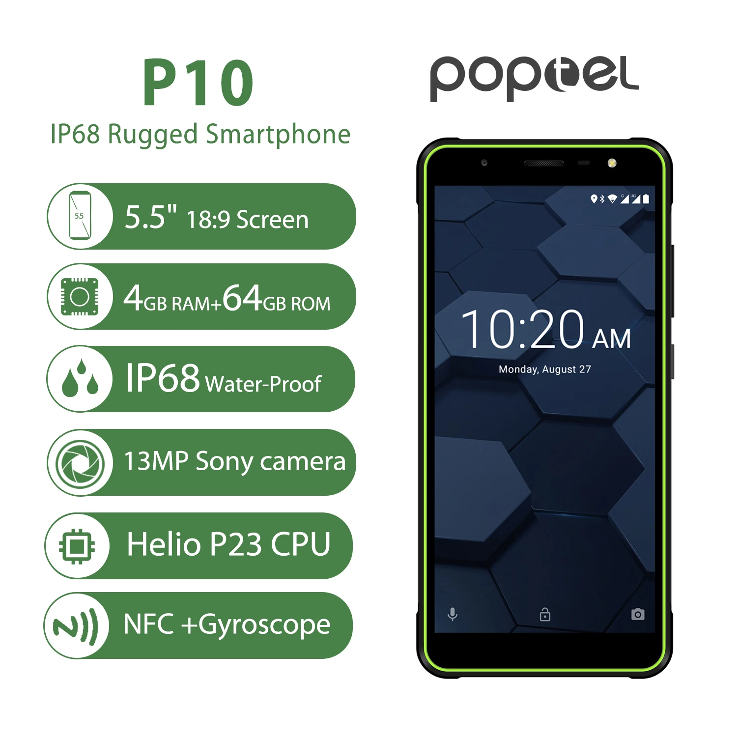 Poptel P10 ультратонкий прочный смартфон 5 дюймов четыре ядра android 8 1 4g мобильный