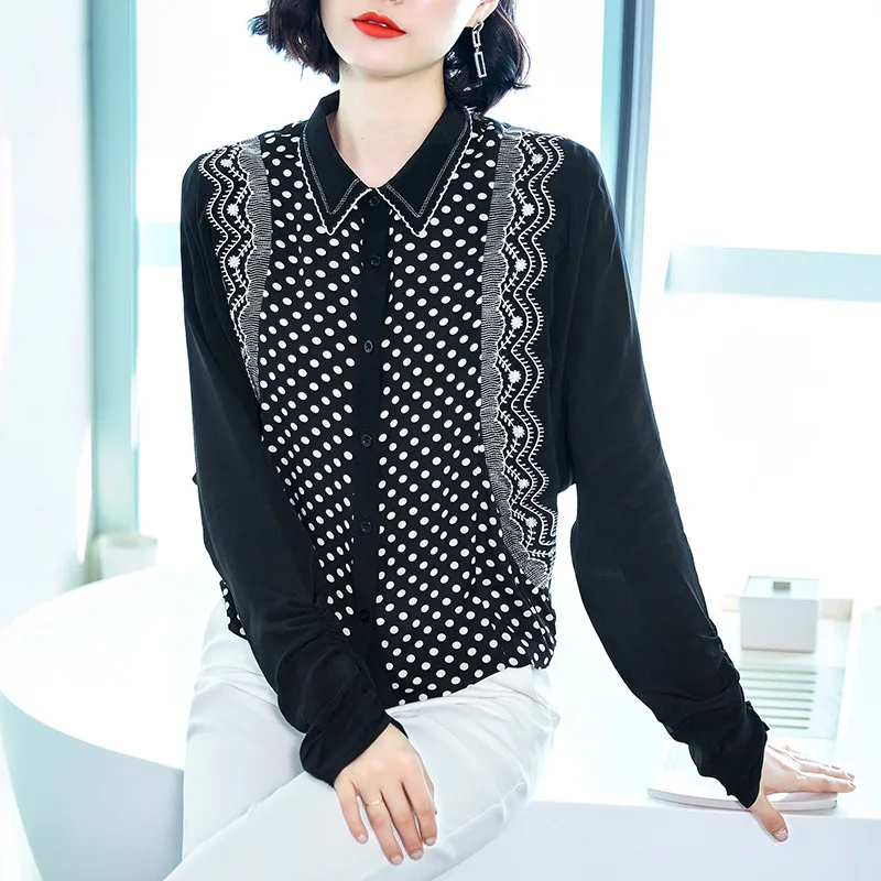 

2020 Season Suit-dress Black White Point Printing Skinny Single Buckle Split Joint Shirt