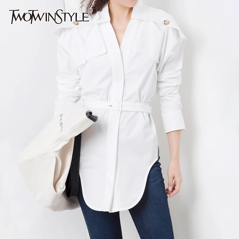 

TWOTWINSTYLE Korean White Women's Shirt Lapel Collar High Waist With Sashes Irregular Hem Shirts Female 2020 Autumn Fashion New