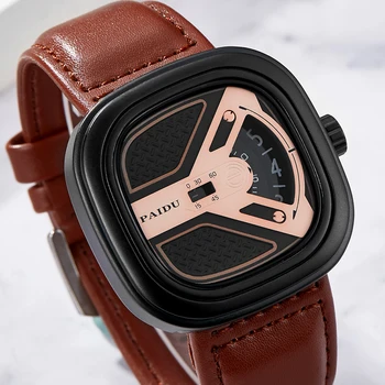 

Creative Square Dial Fashion Men Watch Leather Strap Unique New Design Quartz Wristwatch Turntable Male Clock relogio masculino