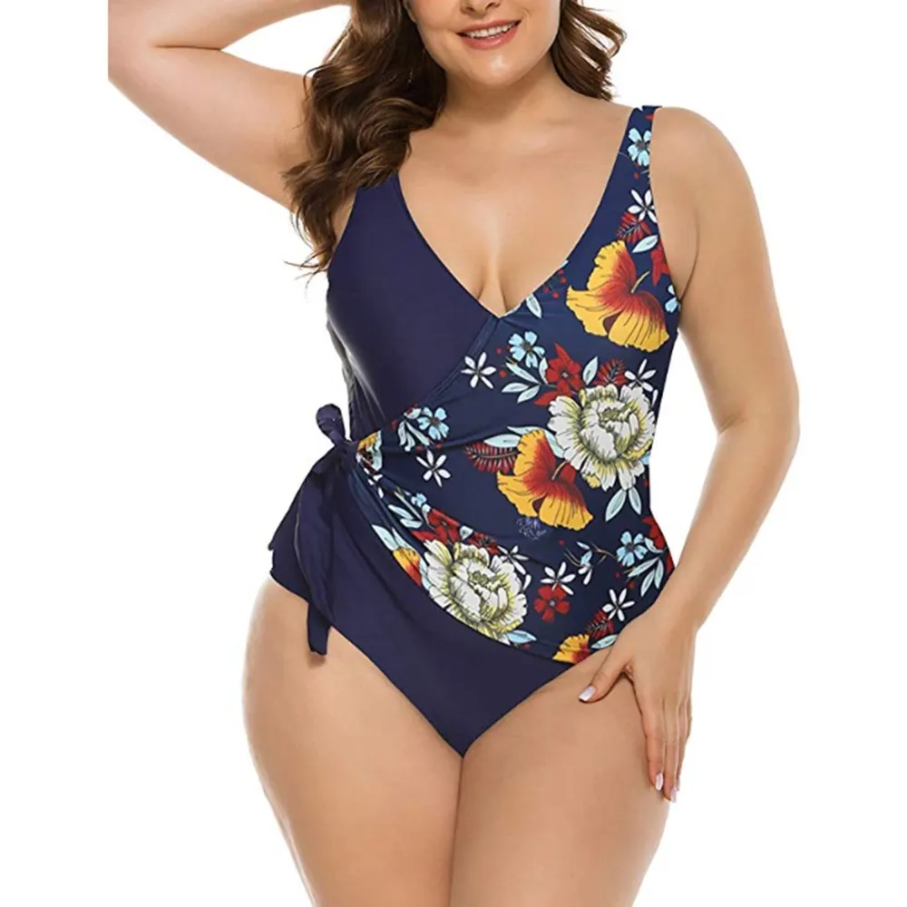 2020 Print Bowknot One Piece Swimsuit V Neck Backless Plus Size Swimwear Tummy Control Bathing Suit Big Size Monokini Set M-3XL