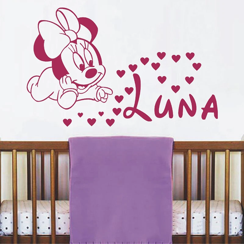 

Disney Minnie Mouse Hearts Vinyl Wall Sticker For Kids Room Decoration Personalized Girl Name Wall Decal Nursery Bedroom Decor