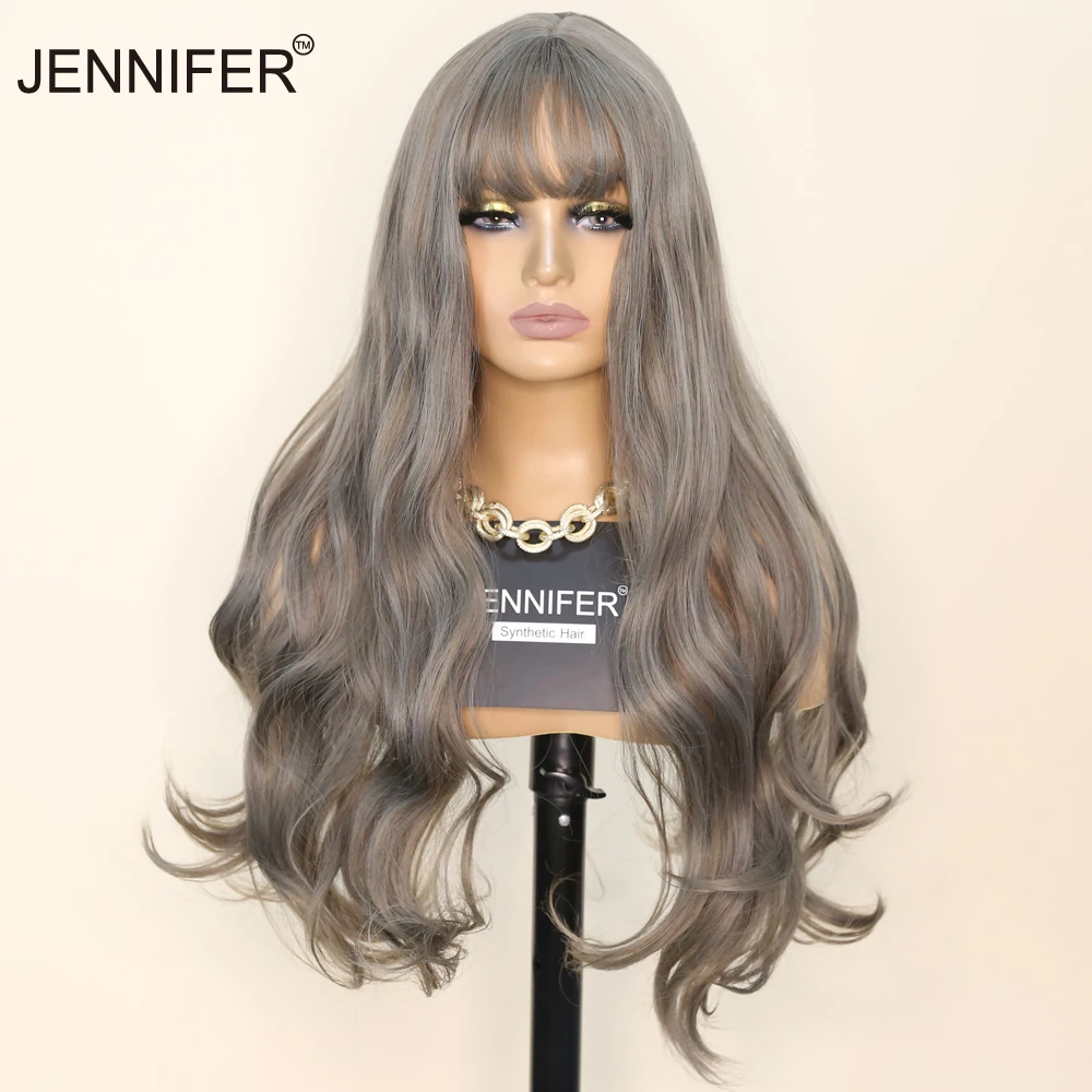 

Long Wavy Wig with bangs Cosplay Party Daily Synthetic Wigs for Women High Temperature Fiber Grey/Black color Full Mechanism