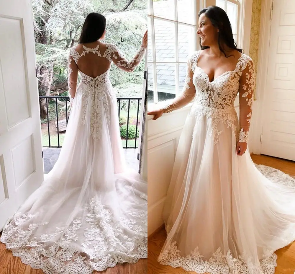 

Plus Size Wedding Dresses with Long Sleeve 2020 Modern Backless Sweep Train Lace Applique Country Beach Holiday Bride Gown