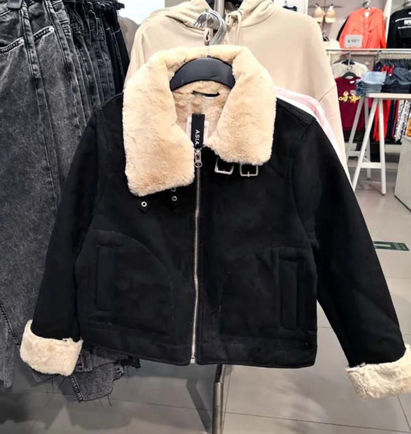 Y2019 Winter Biker Sweden WOMEN'S Dress Long Sleeve Fold-down Collar Fur Velvet Lining Winter Cotton Dress