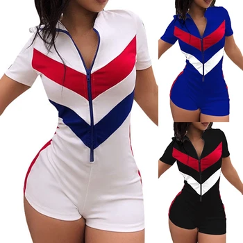

AA Striped Patchwork Playsuit Romper Sexy Women Deep V-neck Front Zipper Jumpasuit Short Sleeve Bodycon Sports Causal Jumpsuit