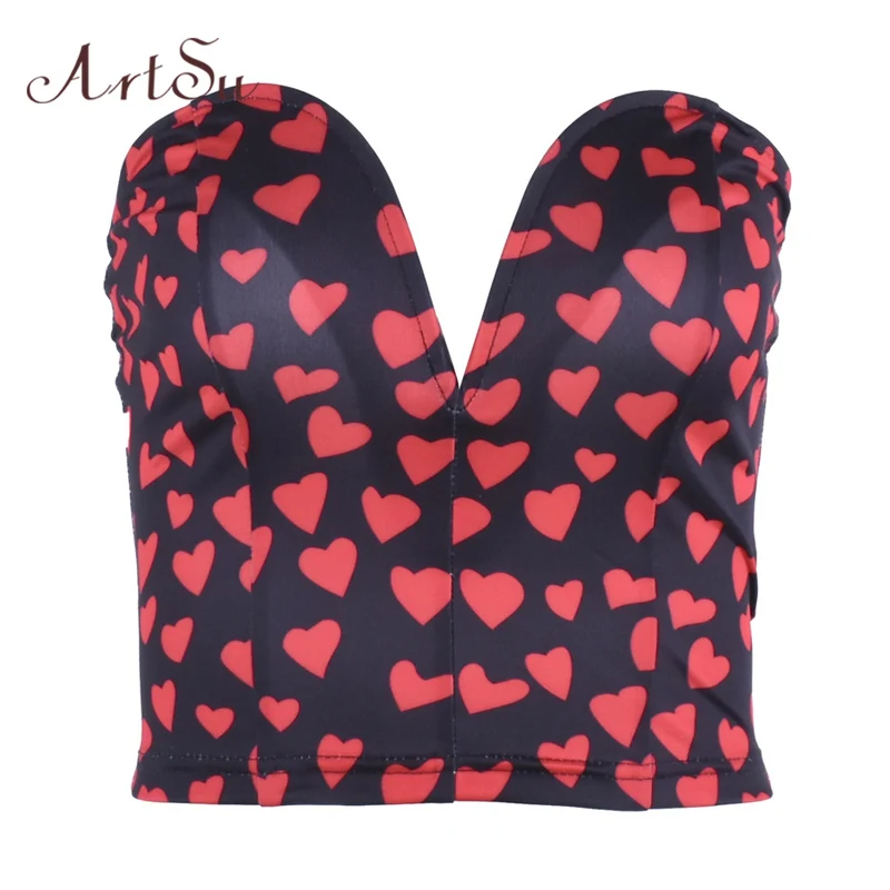 ArtSu Women Crop Top Red Heart Print Bralette Black Sexy Off Shoulder Strapless Sleeveless Top Women Camis Streetwear ASVE20562