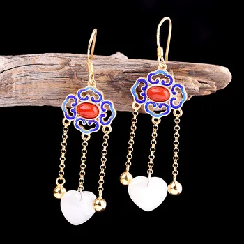 

direct sales S925 pure silver jewelry earrings national style burnt Blue Women's South Red Hetian Jade Earrings