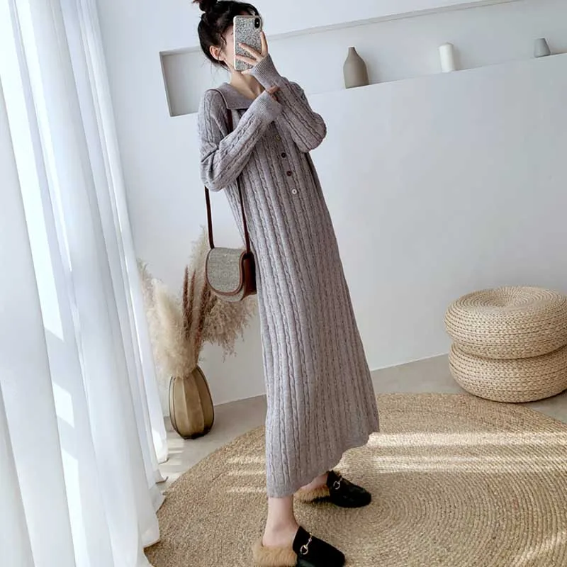 One-Piece 2020 Sweater Knitted Dress Women Long Sleeve Autumn Winter Loose Lapel Single Breasted Dress Korean Lady Sweater Dress