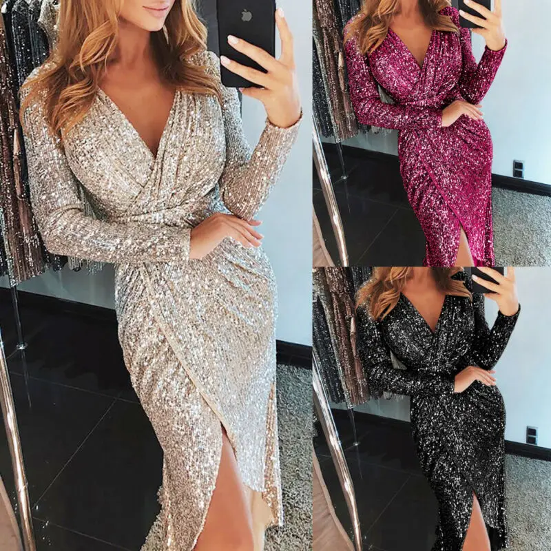 2019 Party Vestito Sequined Glitter Dress Women Sexy Deep V-Neck Bodycon Slim Dress Glitter Dresses Elegant Ladies Mini Dress