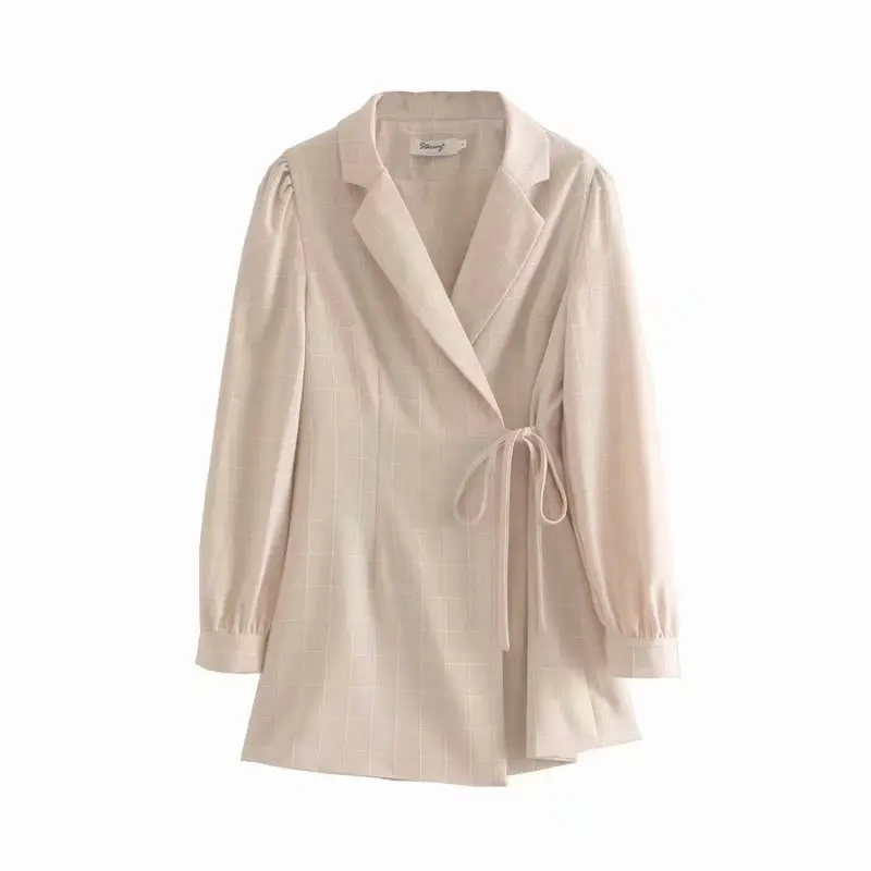 

2019 women vintage linen plaid pattern casual blazer female office lady wear notched suit lace up chic outerwear coat tops CT294