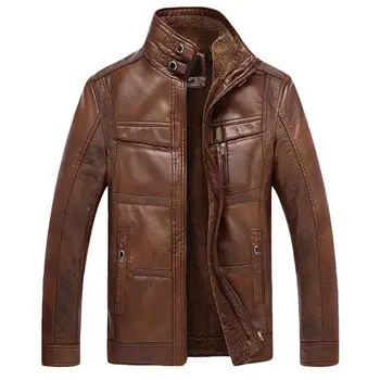 

Men Long Sleeve Stand Collar Faux Leather Fleece Lined Zip Warm Short Jacket Men's solid color zippered high neck jacket