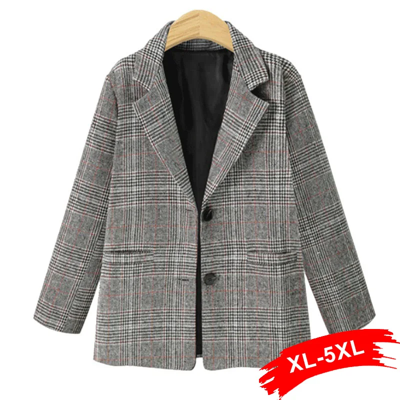 Винтажный клетчатый Блейзер размера плюс в ретро стиле 3Xl 4Xl 5Xl, женские однобортные Базовые Куртки, повседневная верхняя одежда