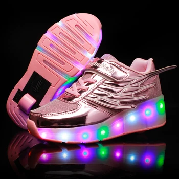 

New LED Heelys Shoes Wing Automatic Lamp Flashing Sport Casual Kids Sneakers Fashion Breathable for Boys Girls PINK