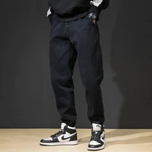 Модная уличная одежда, мужские джинсы, свободный крой, черный, синий цвет, брюки-карго, шаровары, джинсы с низкой посадкой, джинсы в стиле хип-хоп, Мужские штаны для бега