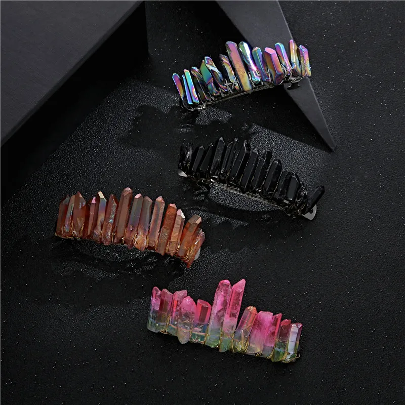 Raw Laser Rainbow Quartz Crystal Hair Clip Copper Wire French Barrette Women Hair Accessories Jewelry Hairpin Special Gifts