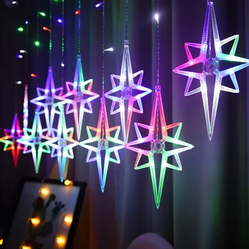 220V Eu Plug Moon Star Fairy Led Gordijn Licht Kerst Guirlande String Lights Lamp Voor Nieuwjaar 2021 Bruiloft decoratie Navidad