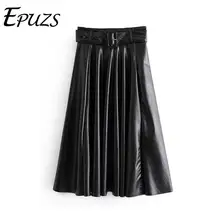 Элегантные черные юбки из искусственной кожи женская плиссированная юбка Уличная корейская мода пояс с высокой талией длинная юбка зима