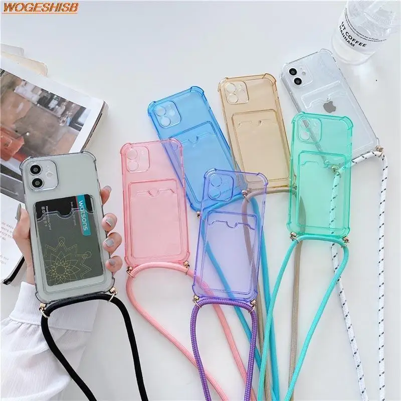 

Transparent Case for Xiaomi Poco X3 NFC M2 M3 Redmi 9T Note 8 9 9S 10 10S Pro Max Power Shockproof Card Crossbody Lanyard Cover