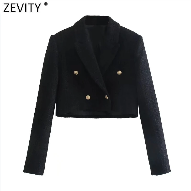 Zevity Women High Street Double Breasted Black Tweed Woolen Short Blazer Coat Vintage Female Outerwear Chic Crop Suit Tops CT823
