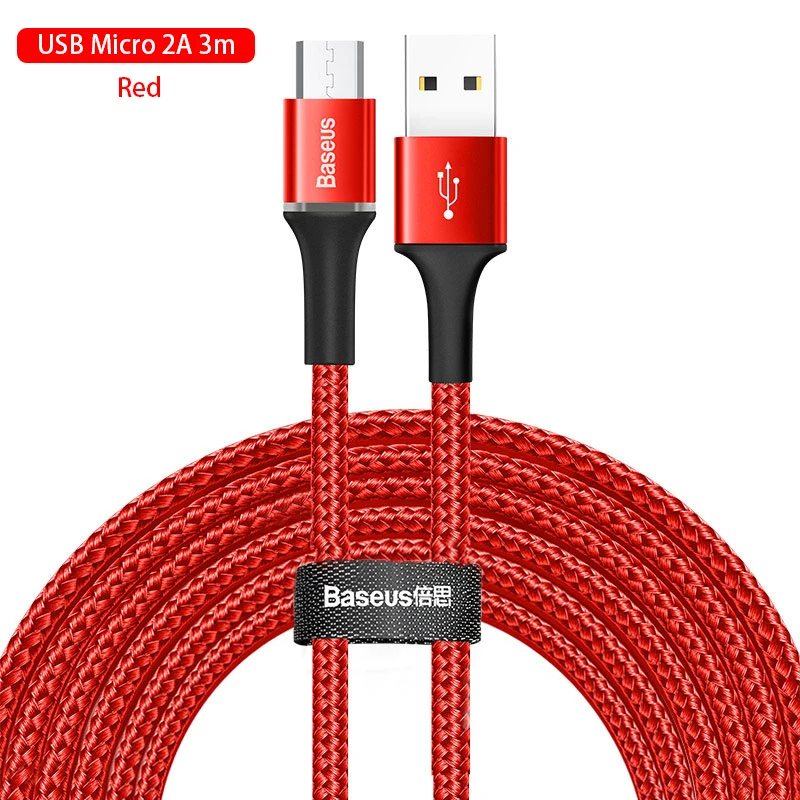 Baseus Micro USB кабель 3A быстрой зарядки Android кабель для передачи данных для мобильного телефона Micro Зарядное устройство, 1 м, 2 м, проволочные заряжающие провода шнур с светодиодный освещения - Название цвета: 2A 3m Red