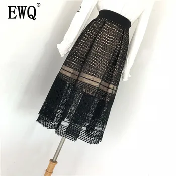 

[EWQ] 2020 New Spring Summer High Waist Hollow Lace Loose Casual Pleated Temperament Mid-calf Skirt Fashion Tide Women OB563