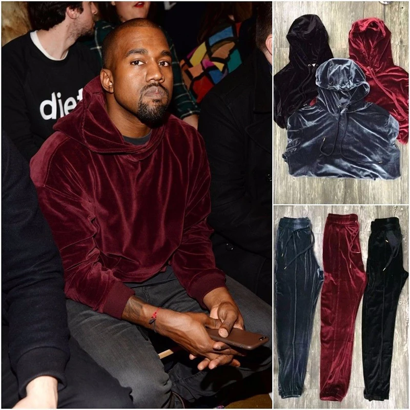 Kanye West, уличная одежда, одноцветные велюровые толстовки, мужские пуловеры, хип-хоп толстовки, черные/красные/серые мужские бархатные толстовки с капюшоном