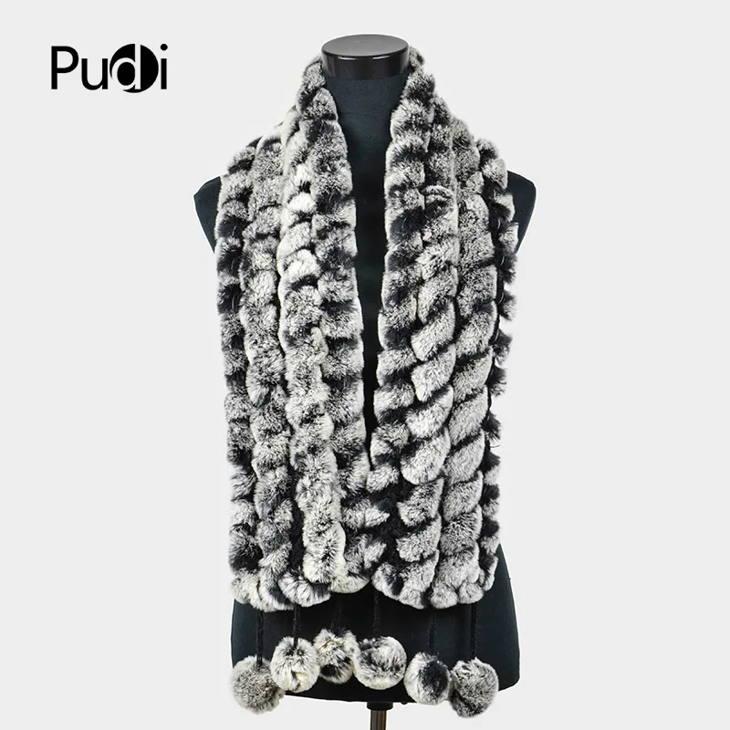Pudi SF728 Women Rex Rabbit Fur Hat Genuine Long Scarves Wraps With Ball |