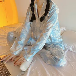 2022 Spring Winter All Season Fashion Women's Casual Print Tie-Dyed Pocket Sleepwear Homewear Cute Lovely Pajamas Set With Pants