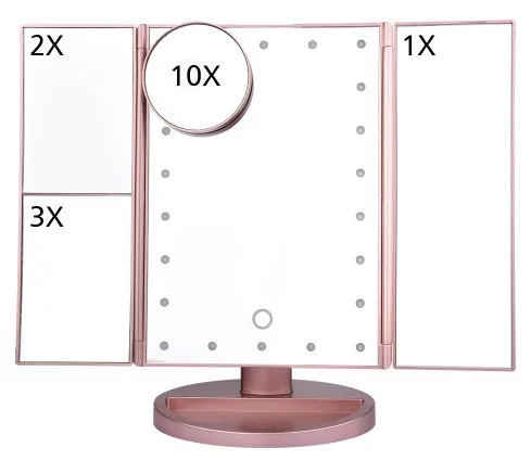 

Led Lighted Makeup Mirror, 10X 3X 2X 1X Magnifying Mirror 21 LED Tri-Fold Vanity Mirror with Touch Screen and Adjustable Stand