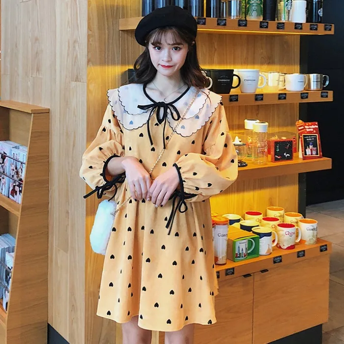 

peter pan collar bow lace up Spring autumn sweet loose long sleeve vestidos geometric print Korea dress Women's Clothing dresses