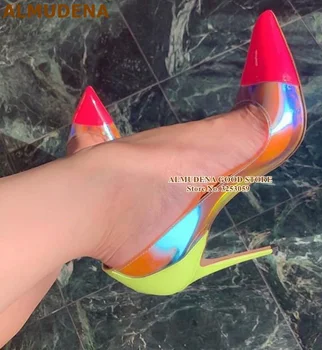 

ALMUDENA Lime Green Heels Magnificent PVC Wedding Shoes 12cm High Heel Hot Pink Patent Leather Party Shoes Mixed Color Pumps