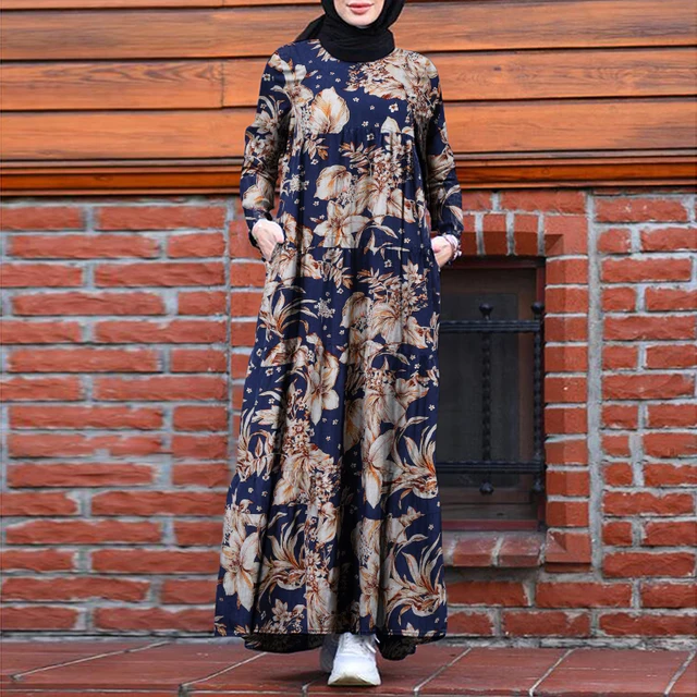 ZANZEA Retro Dubai Abaya Turkey Hijab Dress Women Vintage Floral Printed Maxi Sundress Summer Long Sleeve Kaftan Muslim Vestido 1
