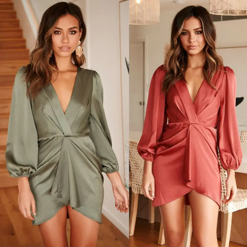 

Women Autumn Long Sleeve Red Asymmetrical Sexy Deep V-Neck Short Mini Dress Evening Cocktail Party Dresses Sundress 2 Colors