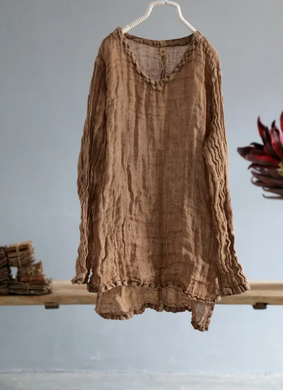 Women Loose V Neck Linen Tops Blouse Shirt Female Vintage Irregular Length Flax Shirt Tops Ladies Blouse 4
