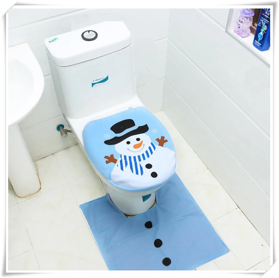 Blue snowman 2pcs MSJO Christmas Bathroom Toilet Seat Cover Wc Rug Mat Natal Santa Claus Elk Elf Snowman New Year Navidad Christmas Decoration Hom - Цвет: Blue snowman 2pcs