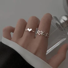

Silver Color Hollowed Heart Shape Open Ring Set Design Cute Fashion Love Jewelry For Women Girl Gifts Adjustable Birthday Party