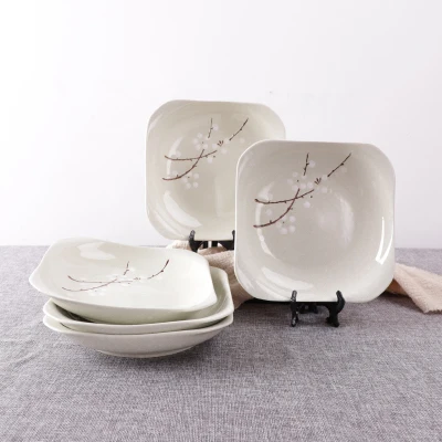 Ceramic bowl and plate Japanese tableware home snow glaze underglaze simple cute pattern bowl noodle rice bowl 10 Pack - Цвет: Square green 5pcs