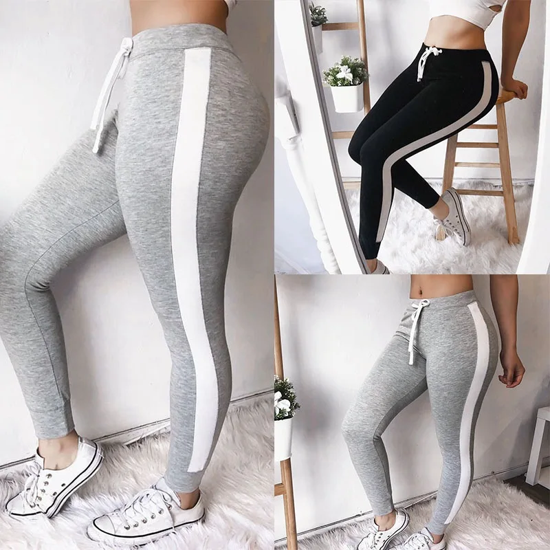 

Women Solid Color Side Striped Lace Up Elastic Waist Pants Sprot Wear Gym Running Jogging Leggings Fitness Femme Trousers