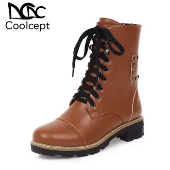 

Coolcept Women Ankle Boots Autumn Winter Warm Fur Flats Shoes Women Fashion Rivets Lace Up Punk Flats Short Boots Size 33-43