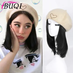 BUQI Straight Synthetic Wig With Berets Hat Wig Hair Extensions Adjustable Autumn Winter Brown Black Wigs for Woman Daily Party