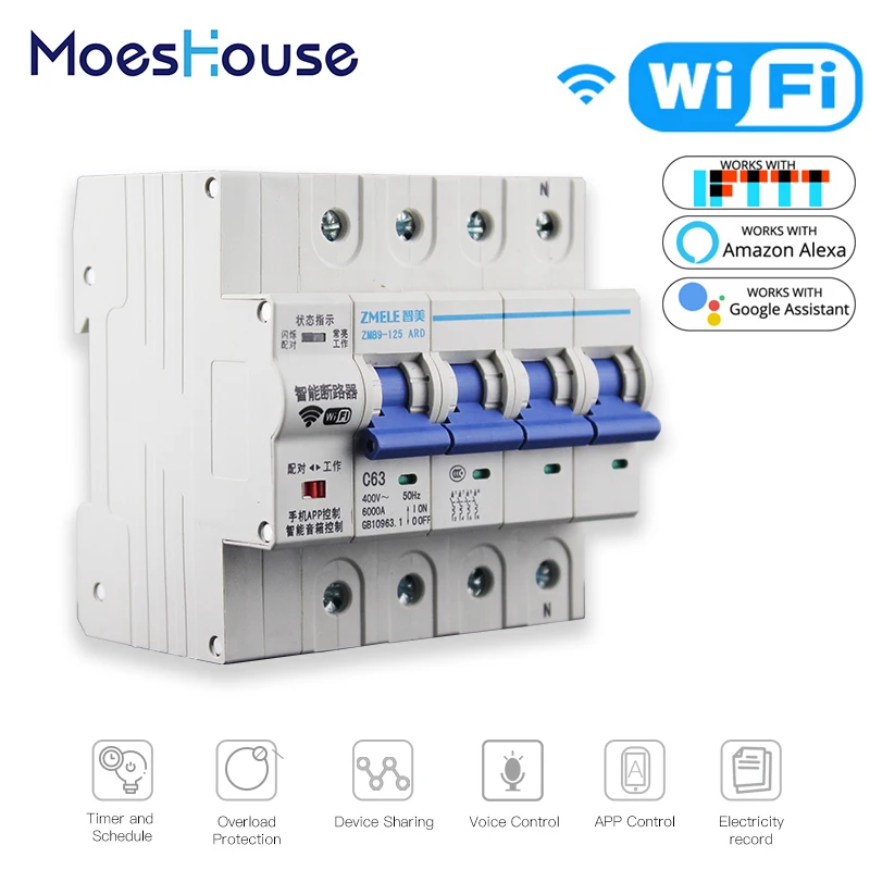 

4P WiFi Smart Circuit Breaker Switch Smart Home Automation Overload Short Circuit Voice Control with Amazon Alexa Google home