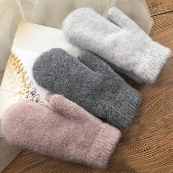 

Winter Men and Women Double-layer Rabbit Hair Gloves Solid Color All Fingers Gloves Mittens