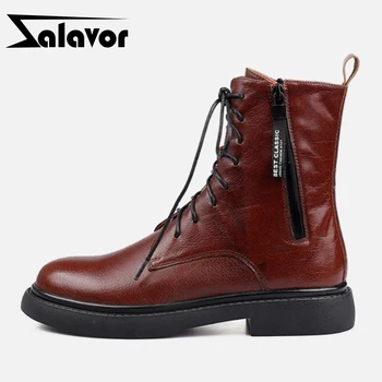 

ZALAVOR Real Leather Women Ankle Boots Cross Strap Zipper Shoes Flats Round Toe Winter Boots Women Party Footwear Size 35-41