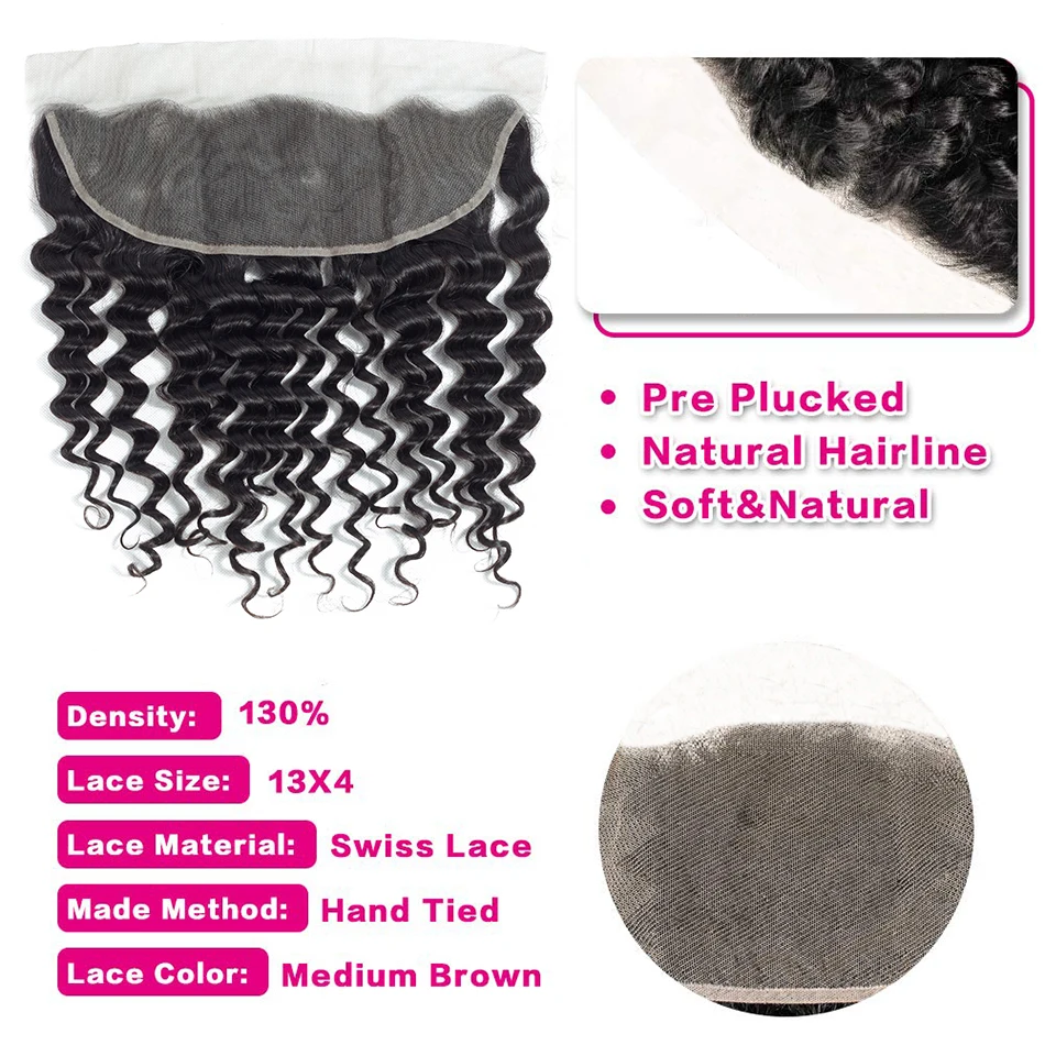 Liddy Lace Frontal Closure Brazilian Deep Wave 100% Human Hair 8-20 Inch Free Part 13x4 Swiss Lace Non-remy Natural Color